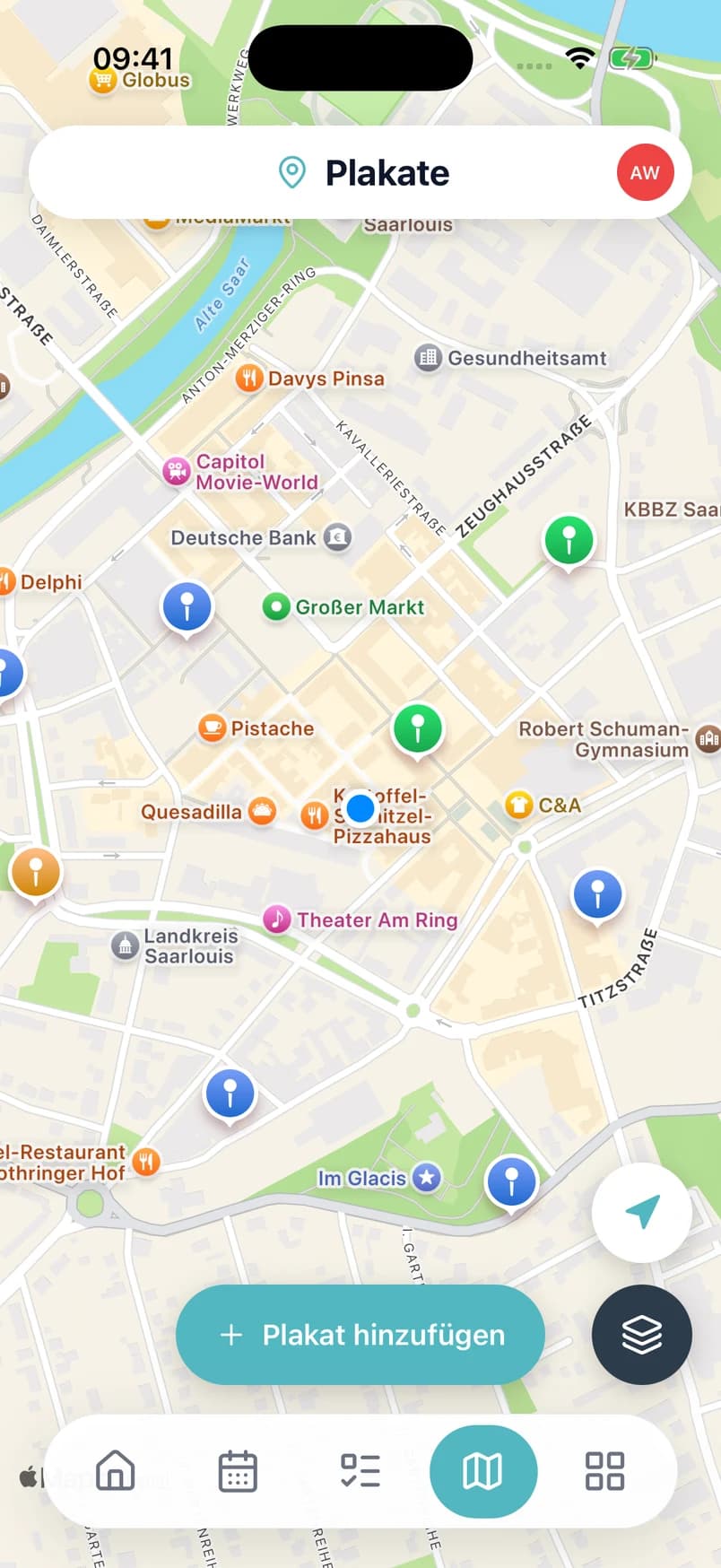 iPhone-App im Plakatmodus: gemeinsame Plakatstandorte auf der Karte von Saarlouis.